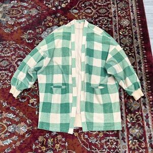 Free People Green and Cream Checkered Long Cardigan